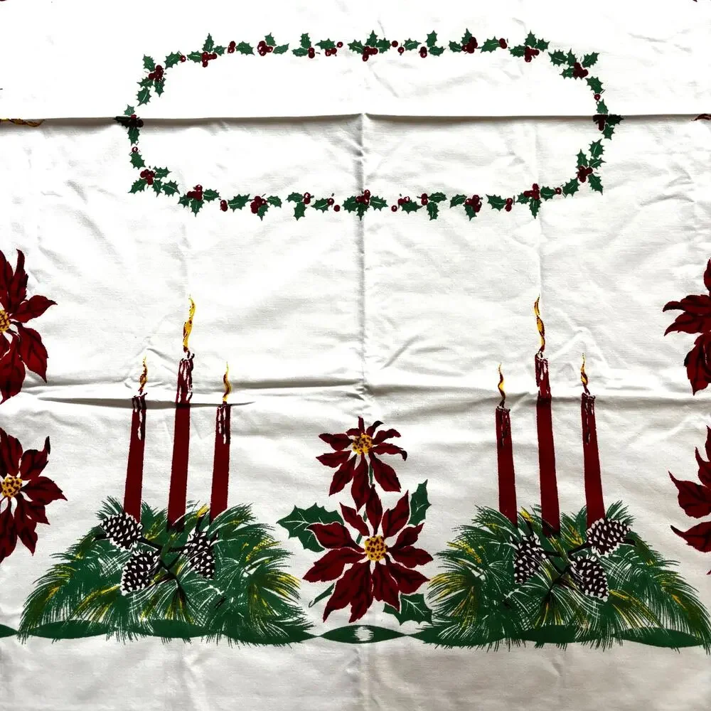 Vintage Christmas tablecloth printed cotton rectangle festive 1960's holiday